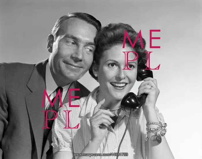: 1950s Woman Talking On Phone Smiling : 1950s Woman Talking On Phone Smiling