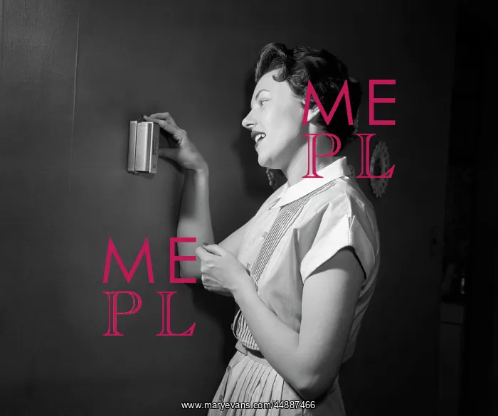 : 1950s Woman Using Thermostat : 1950s Woman Using Thermostat