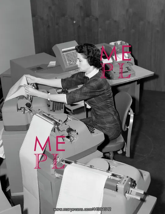 : 1950s Woman At Work Station Surrounded : 1950s Woman At Work Station Surrounded