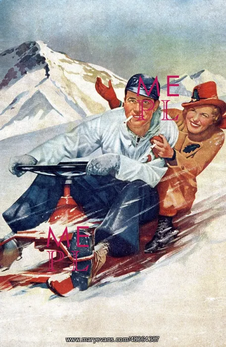 : 1950s - Young couple having fun on a snowmobile : 1950s - Young couple having fun on a snowmobile