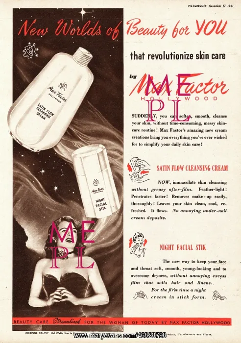 : 1951 ad Max Factor cleansing cream : 1951 ad Max Factor cleansing cream