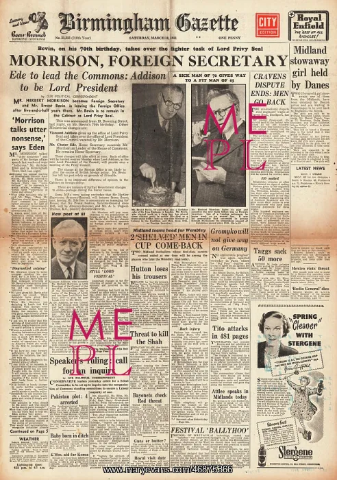 : 1951 Birmingham Gazette Herbert Morrison : 1951 Birmingham Gazette Herbert Morrison