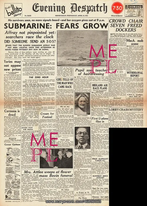 : 1951 Evening Despatch HMS Affray disaster : 1951 Evening Despatch HMS Affray disaster