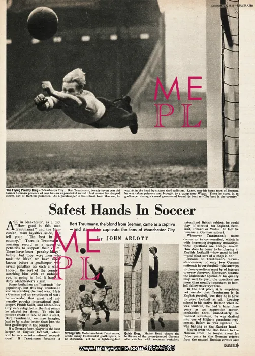 : 1951 Illustrated goalkeeper Bert Trautmann : 1951 Illustrated goalkeeper Bert Trautmann