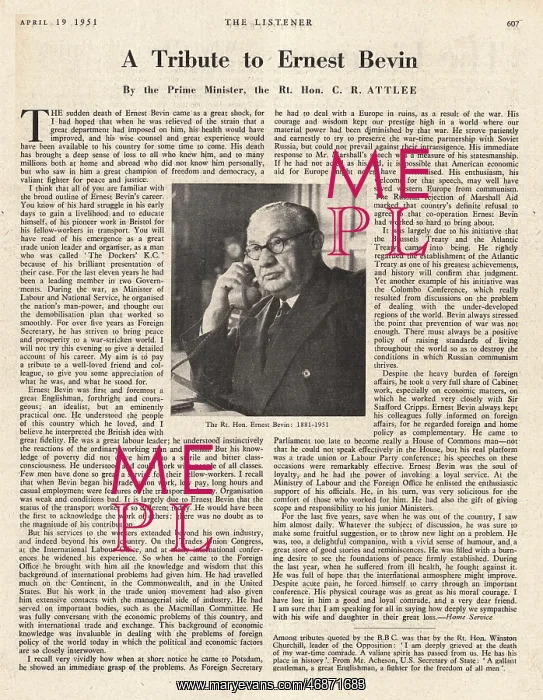 : 1951 The Listener tribute to Ernest Bevin : 1951 The Listener tribute to Ernest Bevin