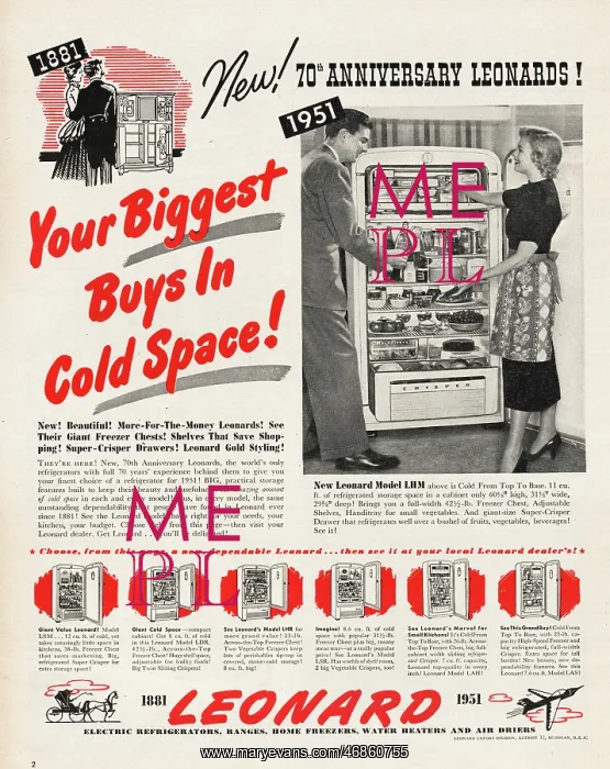 : 1951 U.S. Magazine Leonard Refrigerator Advert : 1951 U.S. Magazine Leonard Refrigerator Advert