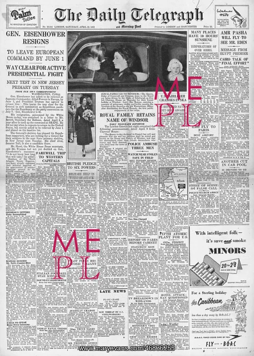 : 1952 Daily Telegraph General Eisenhower resigns : 1952 Daily Telegraph General Eisenhower resigns