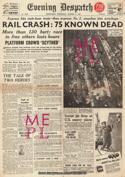 : 1952 Evening Despatch Harrow train disaster : 1952 Evening Despatch Harrow train disaster