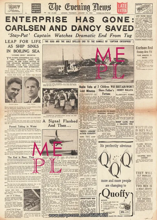 : 1952 Evening News Sinking of Flying Enterprise : 1952 Evening News Sinking of Flying Enterprise