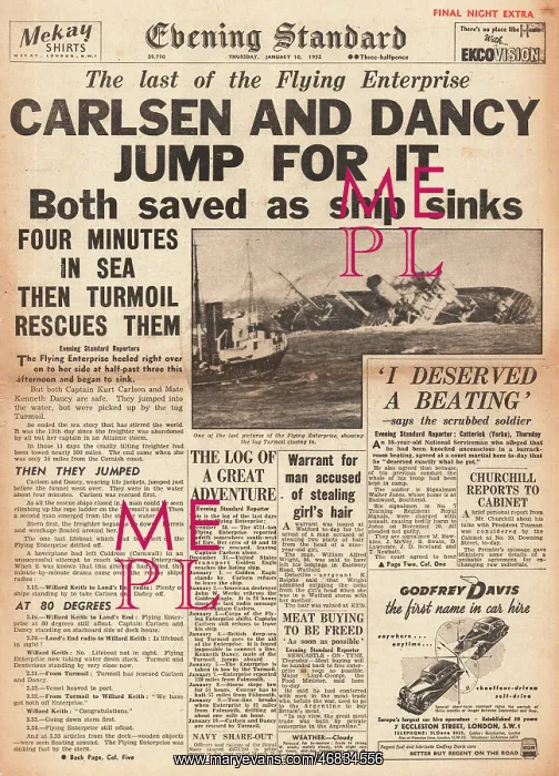 : 1952 Evening Standard Sinking of Flying Enterprise : 1952 Evening Standard Sinking of Flying Enterprise