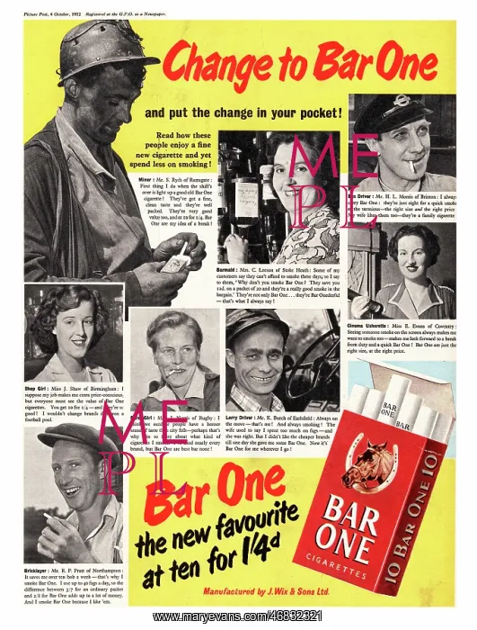 : 1952 UK advert Bar One cigarettes : 1952 UK advert Bar One cigarettes