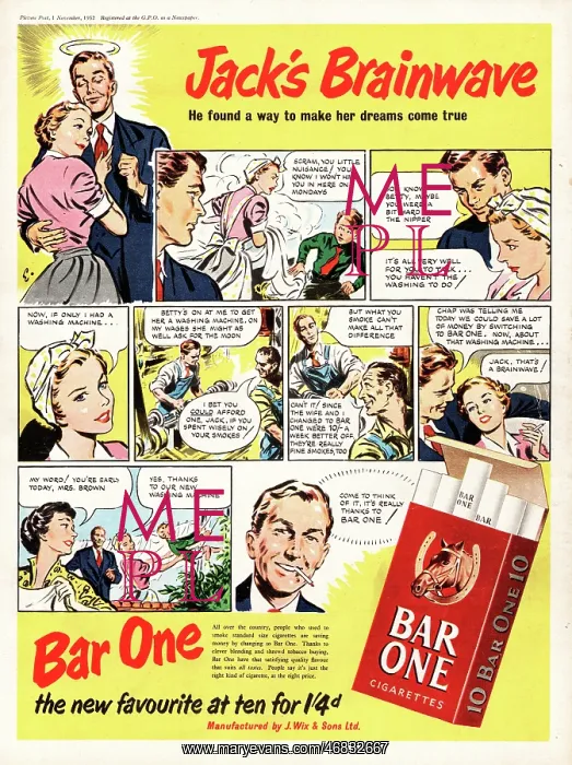 : 1952 UK advert Bar One cigarettes : 1952 UK advert Bar One cigarettes
