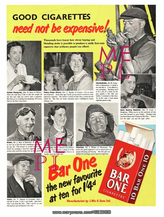 : 1952 UK advert Bar One cigarettes : 1952 UK advert Bar One cigarettes