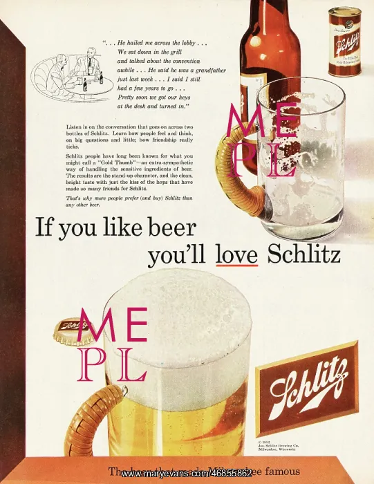 : 1952 U.S. Magazine Schlitz beer Advert : 1952 U.S. Magazine Schlitz beer Advert