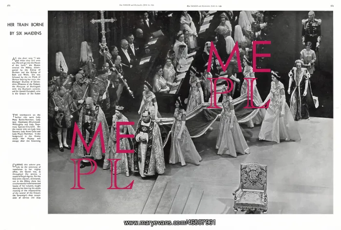 : 1953 Coronation - her train borne by six maidens : 1953 Coronation - her train borne by six maidens