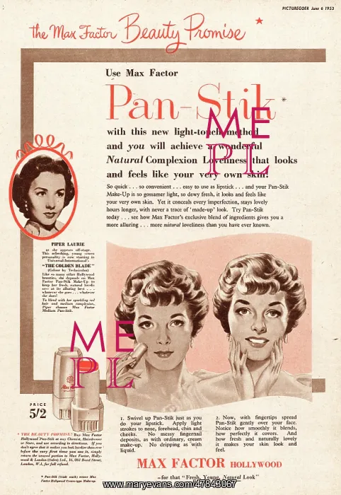 : 1953 UK magazine advert Max Factor Pan-Stick : 1953 UK magazine advert Max Factor Pan-Stick