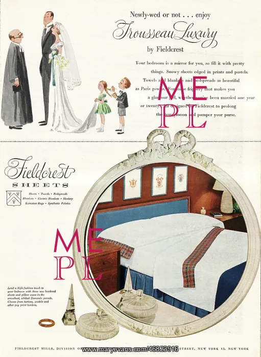 : 1953 U.S. Magazine Fieldcrest Sheets Advert : 1953 U.S. Magazine Fieldcrest Sheets Advert
