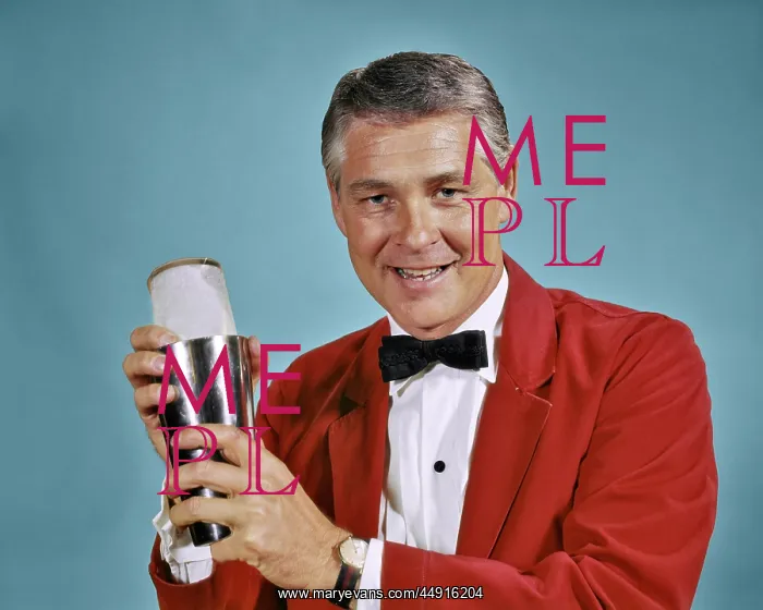 : 1960s 1970s Smiling Man Bartender in Red Jacket looking a : 1960s 1970s Smiling Man Bartender in Red Jacket looking a