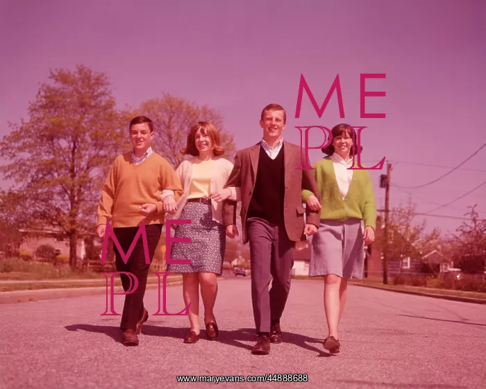  : 1960s 4 Teens Two Couples Walking