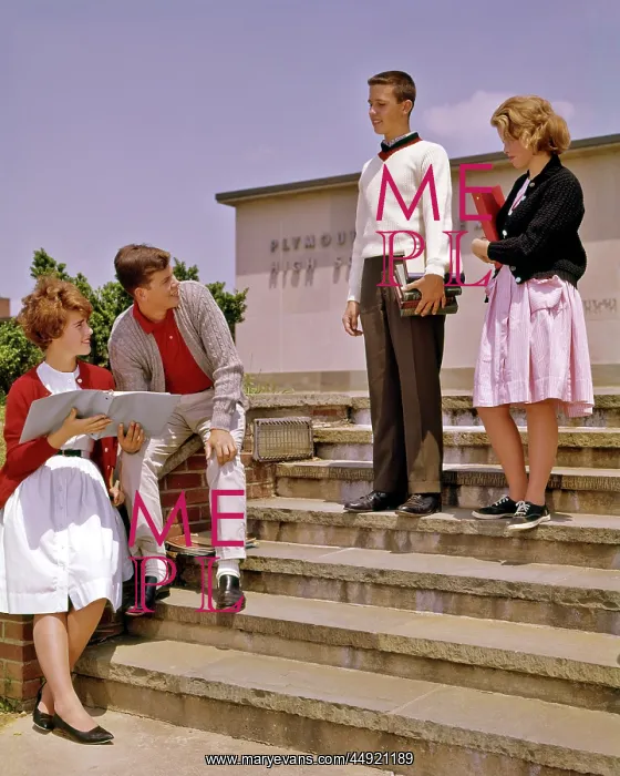 : 1960s 4 Teens on frontSteps High School Building Talking : 1960s 4 Teens on frontSteps High School Building Talking