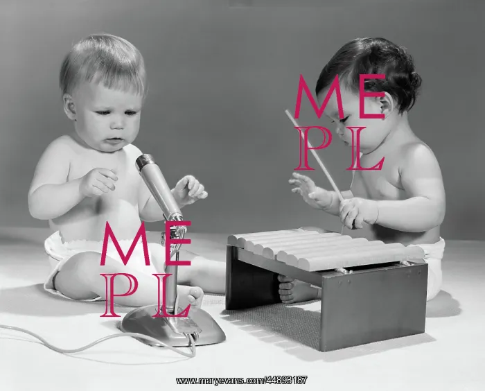 : 1960s TWO BABIES IN DIAPERS WITH MICROPHONE AND : 1960s TWO BABIES IN DIAPERS WITH MICROPHONE AND