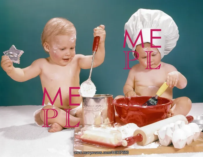 : 1960s Two Babies Playing Baking in Kitchen : 1960s Two Babies Playing Baking in Kitchen