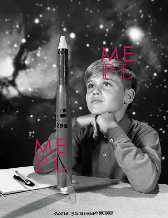  : 1960s BOY WITH MODEL ROCKET AND OUTER SPACE BACKGROUND