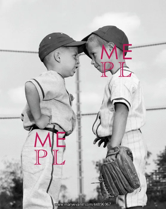 : 1960s Two Boys Playing Baseball Arguing : 1960s Two Boys Playing Baseball Arguing