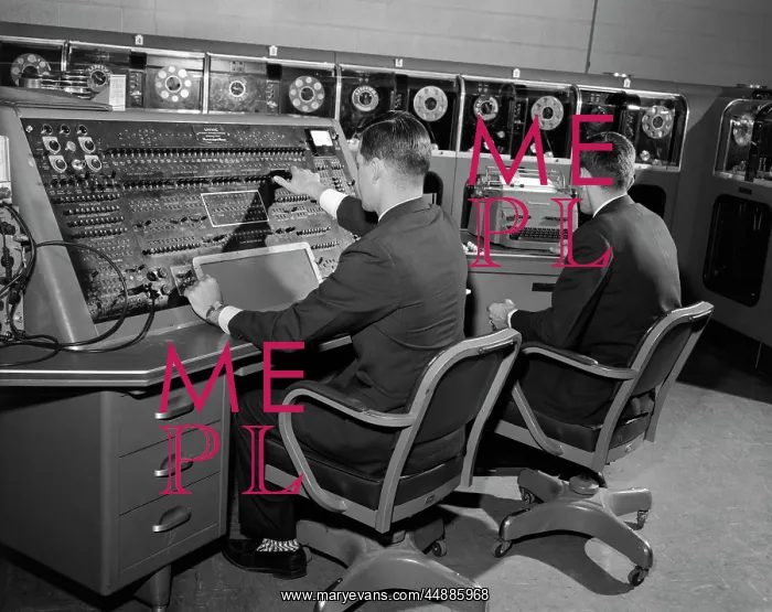 : 1960s Computer Room With 2 Men : 1960s Computer Room With 2 Men