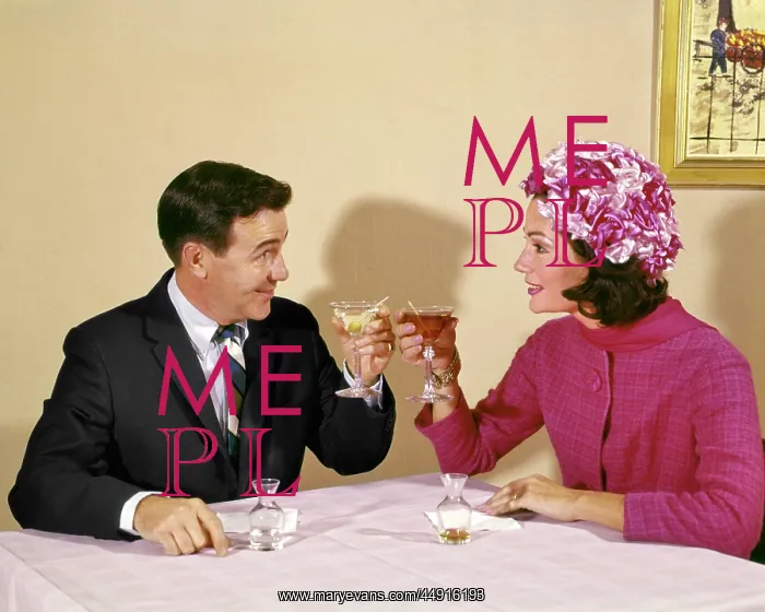 : 1960s Couple Toasting each Other with Wine in Restaurant : 1960s Couple Toasting each Other with Wine in Restaurant