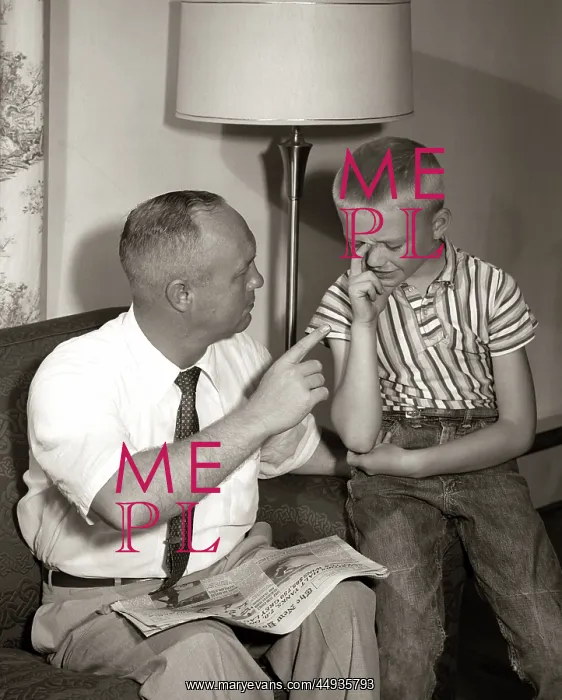 : 1960s Father Disciplining Upset Crying Son : 1960s Father Disciplining Upset Crying Son