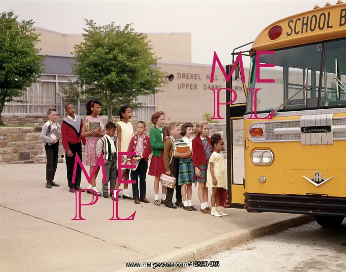 : 1960s Group Of Elementary Kids In Line Getting Onto Yellow S : 1960s Group Of Elementary Kids In Line Getting Onto Yellow S
