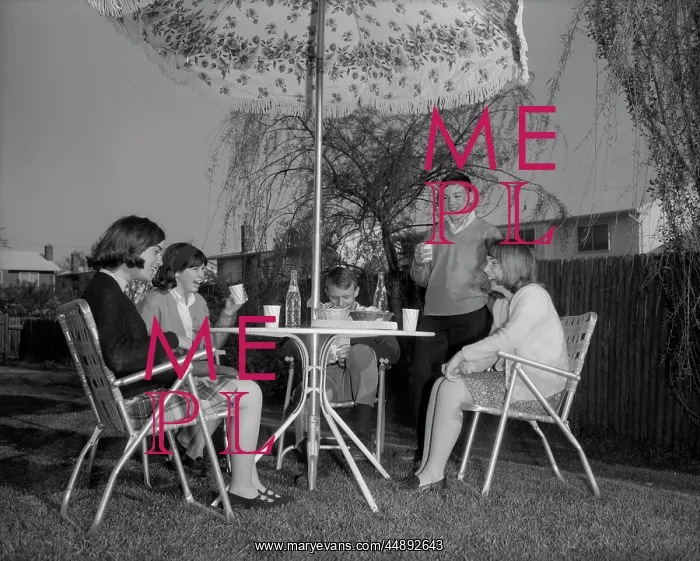 : 1960s GROUP TEENS SITTING IN BACKYARD UNDER LAWN : 1960s GROUP TEENS SITTING IN BACKYARD UNDER LAWN