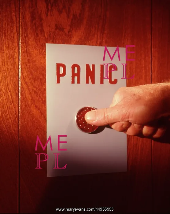  : 1960s Male Hand Pushing Panic Button