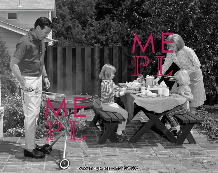 : 1960s Man On Patio Grilling Steak : 1960s Man On Patio Grilling Steak