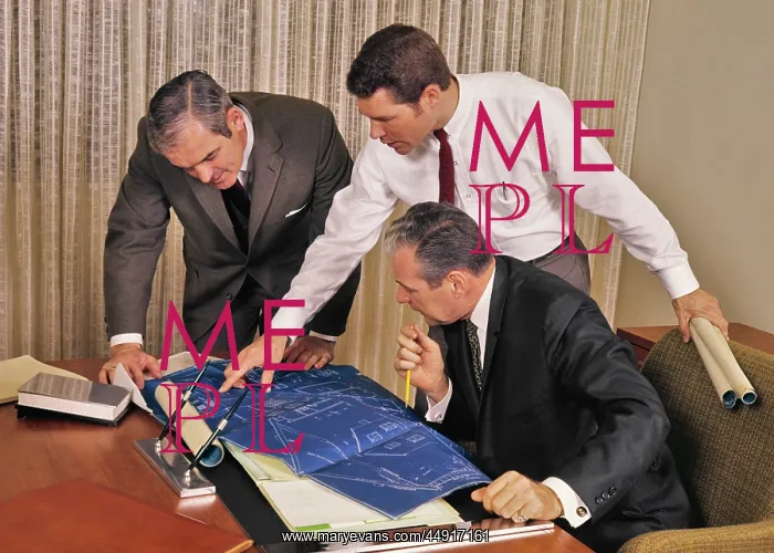 : 1960s Three Men looking over Blueprints Architectural Dra : 1960s Three Men looking over Blueprints Architectural Dra