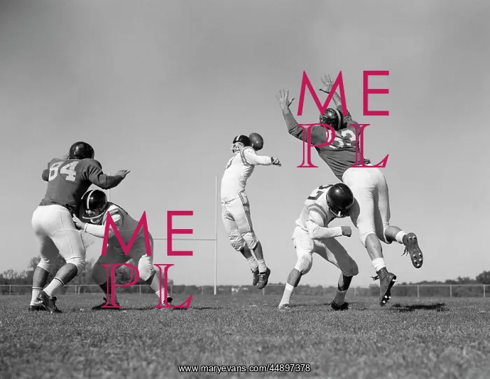: 1960s Five Men Playing Football : 1960s Five Men Playing Football