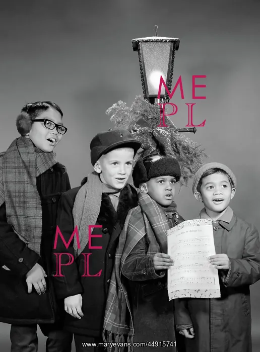 : 1960s FOUR MULTI ETHNIC BOYS GROUP SINGING CHRISTMAS : 1960s FOUR MULTI ETHNIC BOYS GROUP SINGING CHRISTMAS