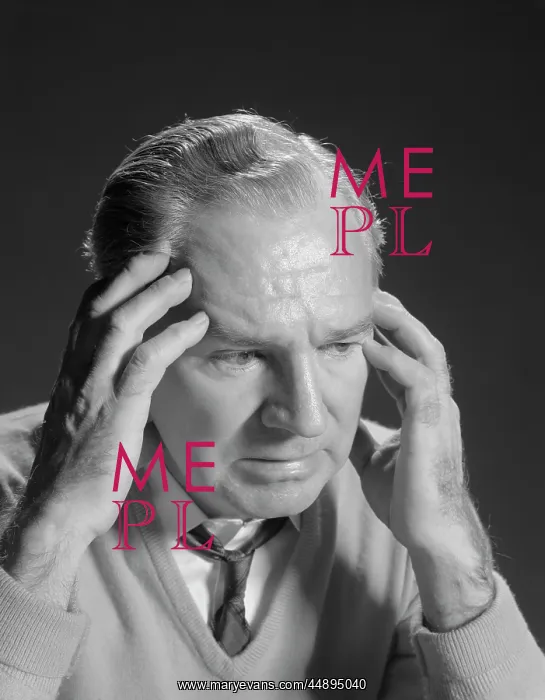 : 1960s OLDER MAN WITH HANDS HOLDING HEAD TEMPLES : 1960s OLDER MAN WITH HANDS HOLDING HEAD TEMPLES