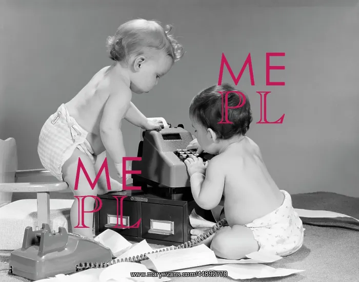 : 1960s PAIR OF BABIES AROUND ADDING MACHINE WITH : 1960s PAIR OF BABIES AROUND ADDING MACHINE WITH