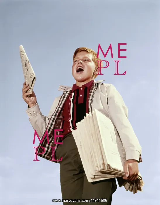 : 1960s paperboy with stack newspapers under his : 1960s paperboy with stack newspapers under his