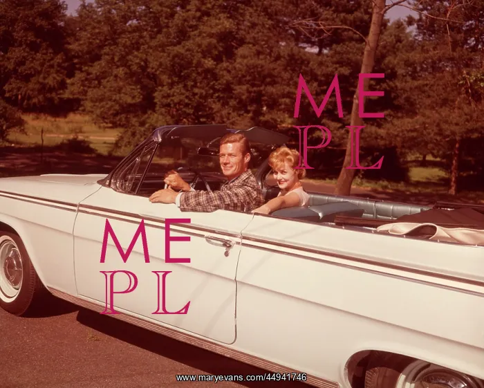  : 1960s Smiling Couple White Convertible