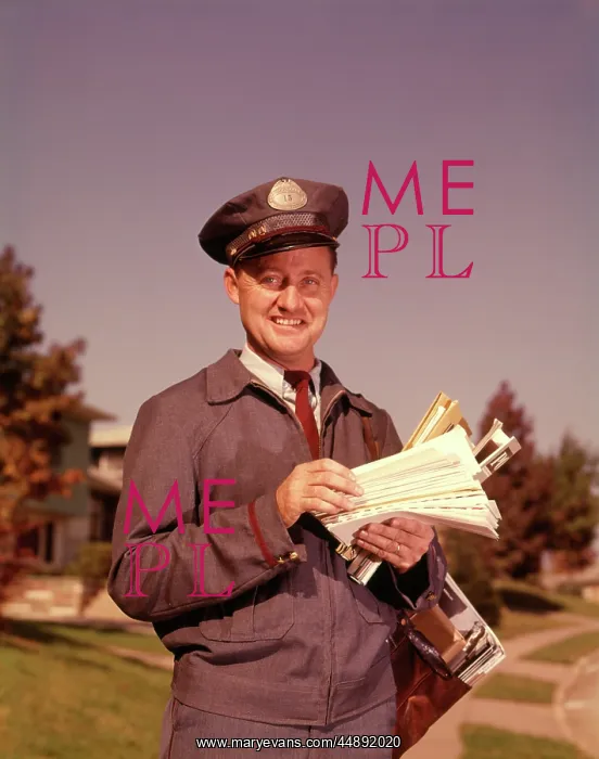 : 1960s SMILING MAILMAN HOLDING LETTERS MAIL LEATHER : 1960s SMILING MAILMAN HOLDING LETTERS MAIL LEATHER