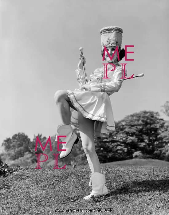 : 1960s SMILING MAJORETTE IN UNIFORM WITH SHORT : 1960s SMILING MAJORETTE IN UNIFORM WITH SHORT