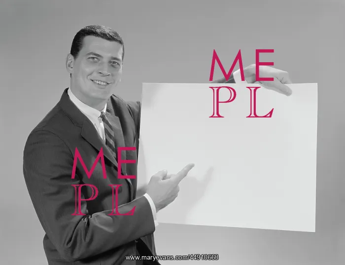  : 1960s SMILING MAN POINTING TO BLANK POSTER