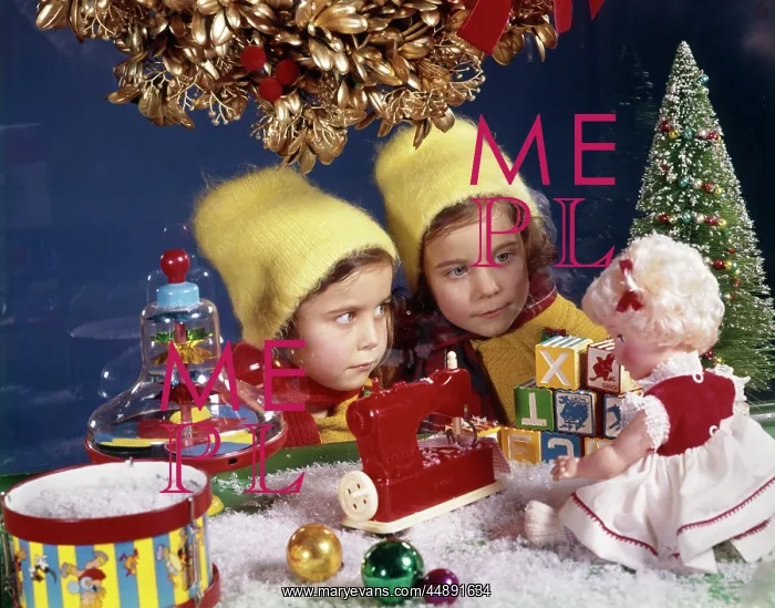 : 1960s Twin Sisters Looking At : 1960s Twin Sisters Looking At