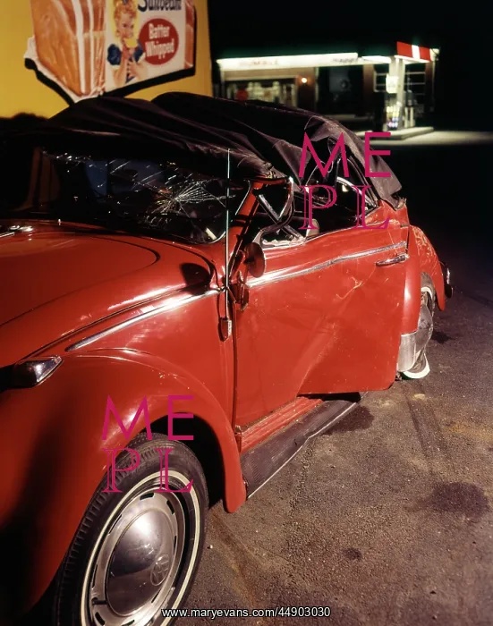 : 1960s wrecked smashed crash crashed red volkswagen : 1960s wrecked smashed crash crashed red volkswagen