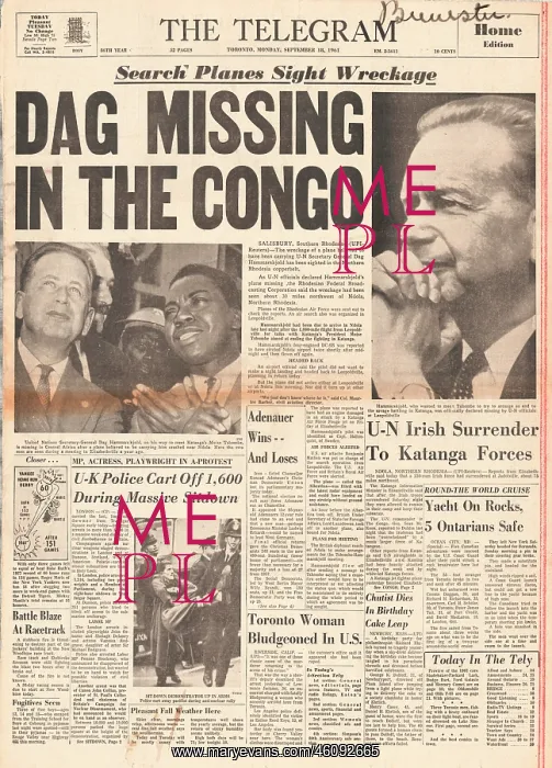 : 1961 Dag Hammarskjold killed In plane crash : 1961 Dag Hammarskjold killed In plane crash
