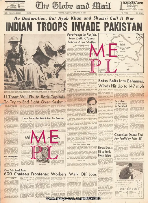 : 1965 Globe and Mail (Canada) India invades Pakistan : 1965 Globe and Mail (Canada) India invades Pakistan