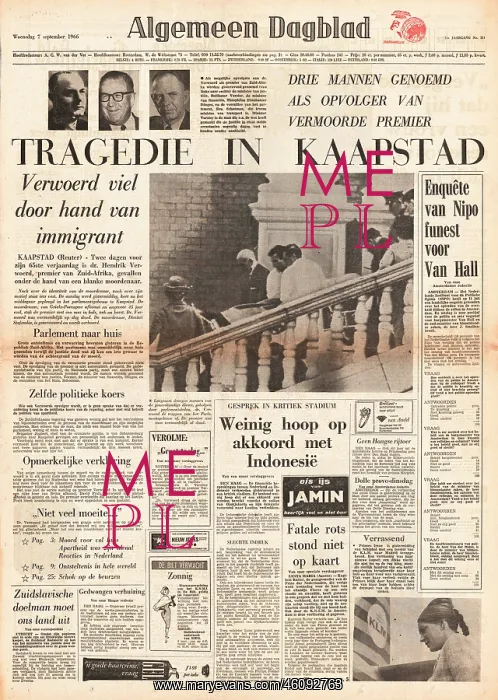 : 1966 Algemeen Dagblad Assassination of Dr Verwoerd : 1966 Algemeen Dagblad Assassination of Dr Verwoerd